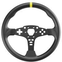 Black Moza ES 12-inch round sim racing steering wheel with yellow top marker and multiple button cutouts.