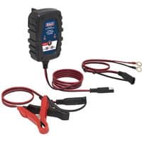 Black Sealey 100HF compact battery charger with red and black cables, LED indicators, and a rugged design.