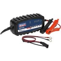 Black Sealey 200HF compact auto smart 2amp battery charger with ribbed design, LED indicators, and attached red and black clamps.
