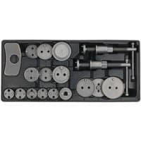 Sealey TBT27 kit with 18 brake wind-back tools in a black tray, featuring various discs and two threaded handles.