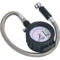 Sealey tyre pressure gauge with black casing, analog dial, braided hose, and depth gauge indicator.
