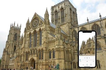 Gothic cathedral with intricate stone facade and tall spires, overlayed with a smartphone app interface.