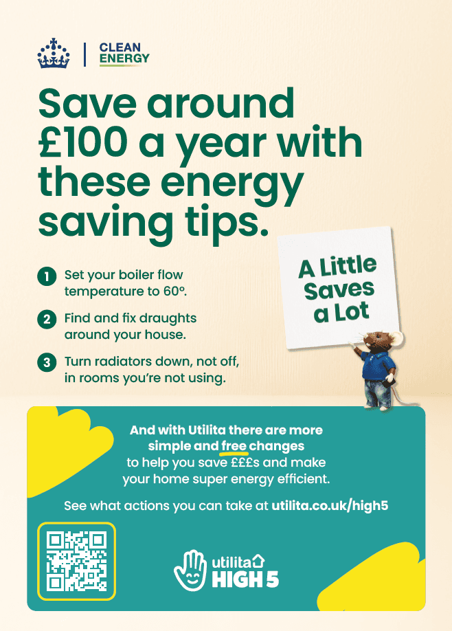 Bright graphic featuring energy-saving tips with a cartoon character and a call to action, set against a clean, modern background.