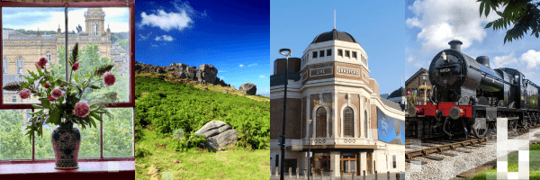 Blooming flowers in a vase by a window, rugged hills, historic architecture, and a vintage steam train in Bradford.