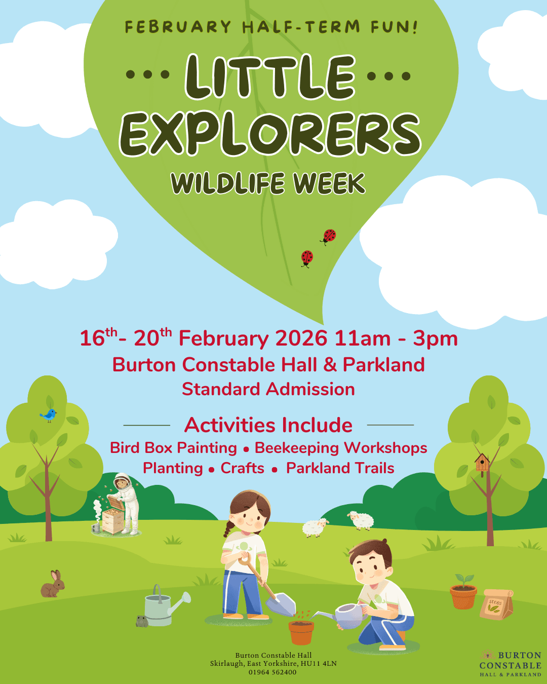 Colorful promotional poster for Burton Constable's February Half Term, featuring children exploring nature and engaging in activities.