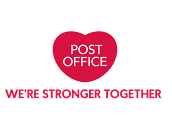 Bright red heart-shaped logo with "POST OFFICE" text, emphasizing community spirit with the slogan "WE'RE STRONGER TOGETHER."