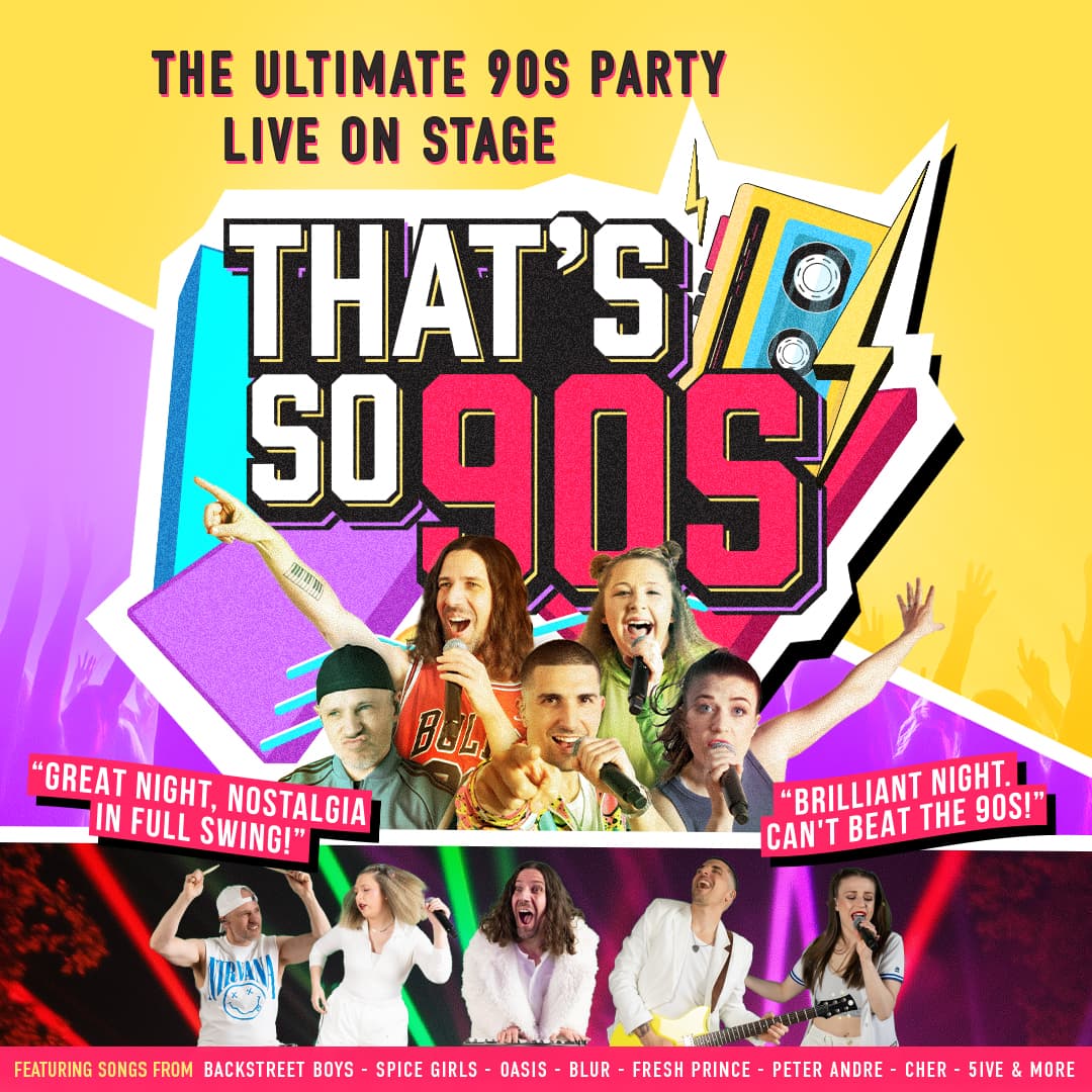 Bright stage with colorful lights, performers in 90s attire, and a lively audience enjoying the nostalgic atmosphere.