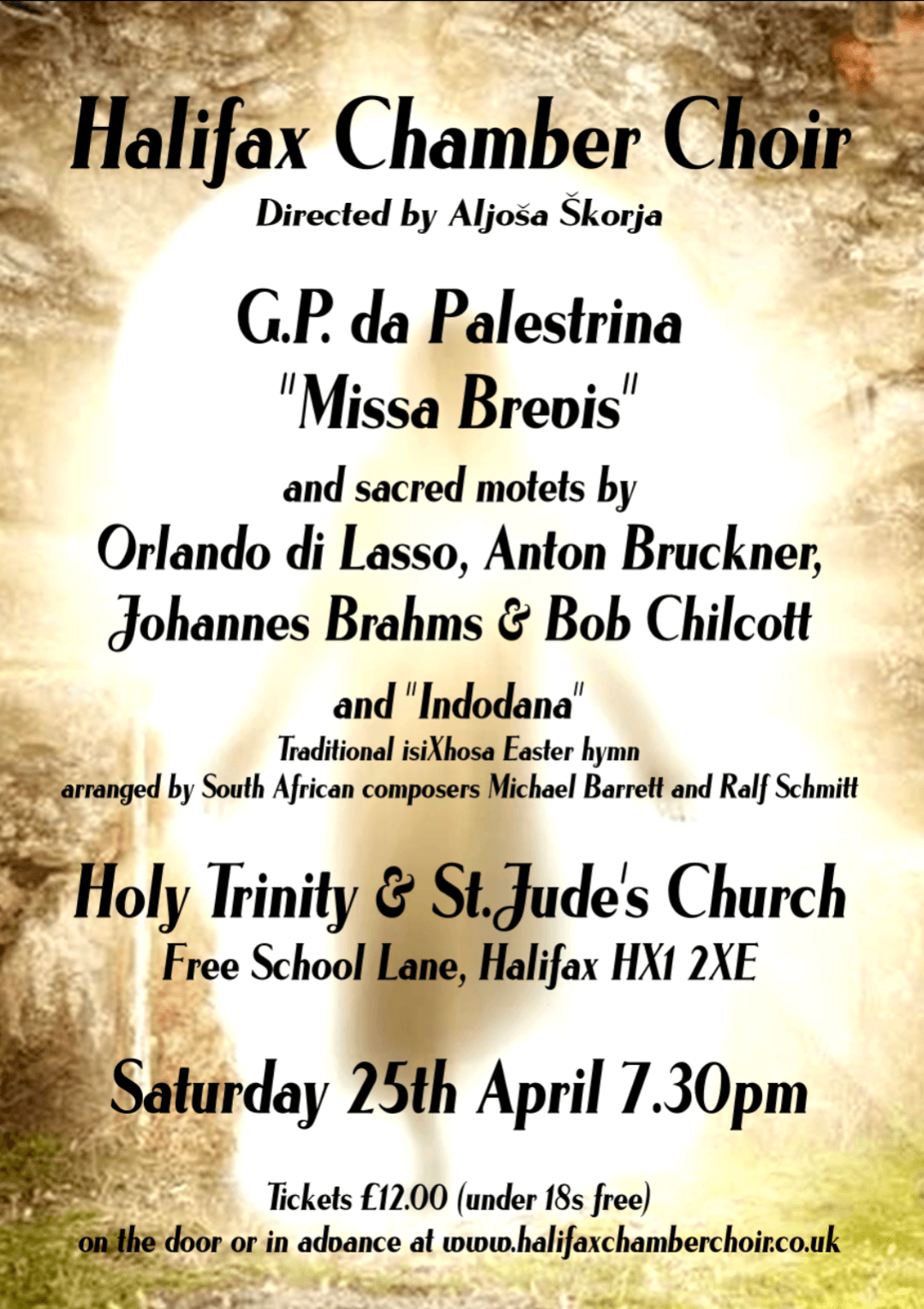 Concert poster featuring Holy Trinity and St Jude's Church, with text detailing the Halifax Chamber Choir event on April 25th.