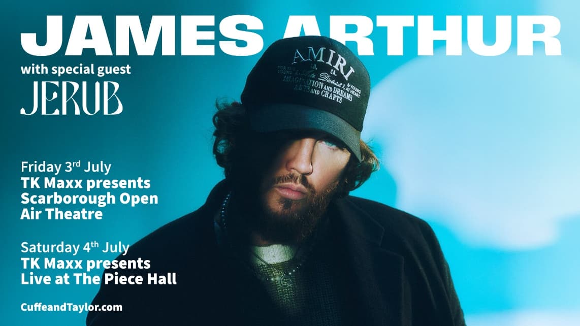 A promotional poster featuring James Arthur and Jerub, with a vibrant blue background and event details for Yorkshire concerts.