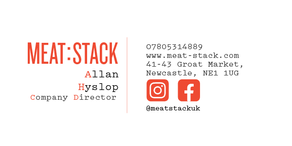 Business card for Meat:Stack featuring contact details and logo, set against a clean, minimalist background.