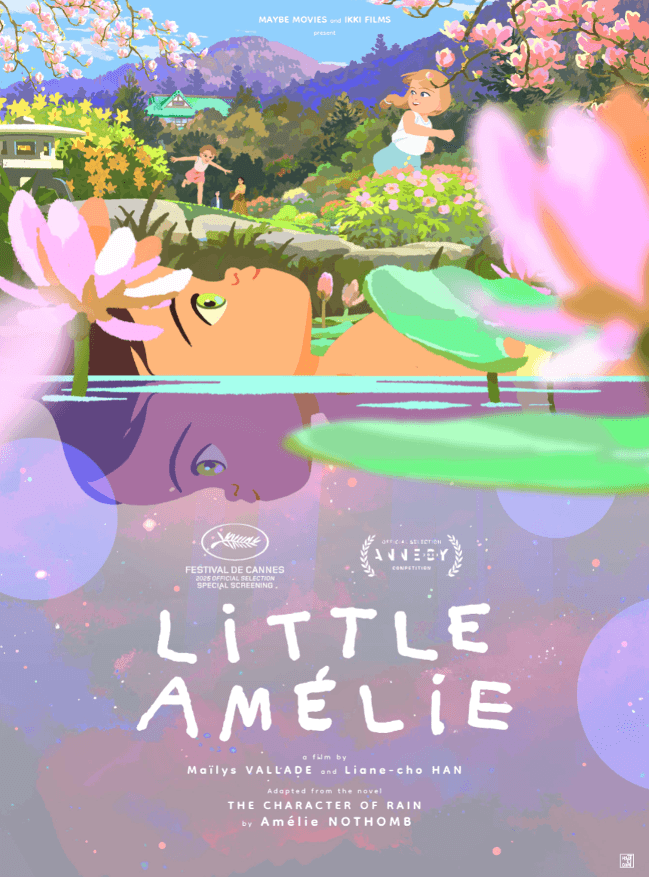 A serene scene featuring a girl floating among pink water lilies, surrounded by lush greenery and colorful flowers.