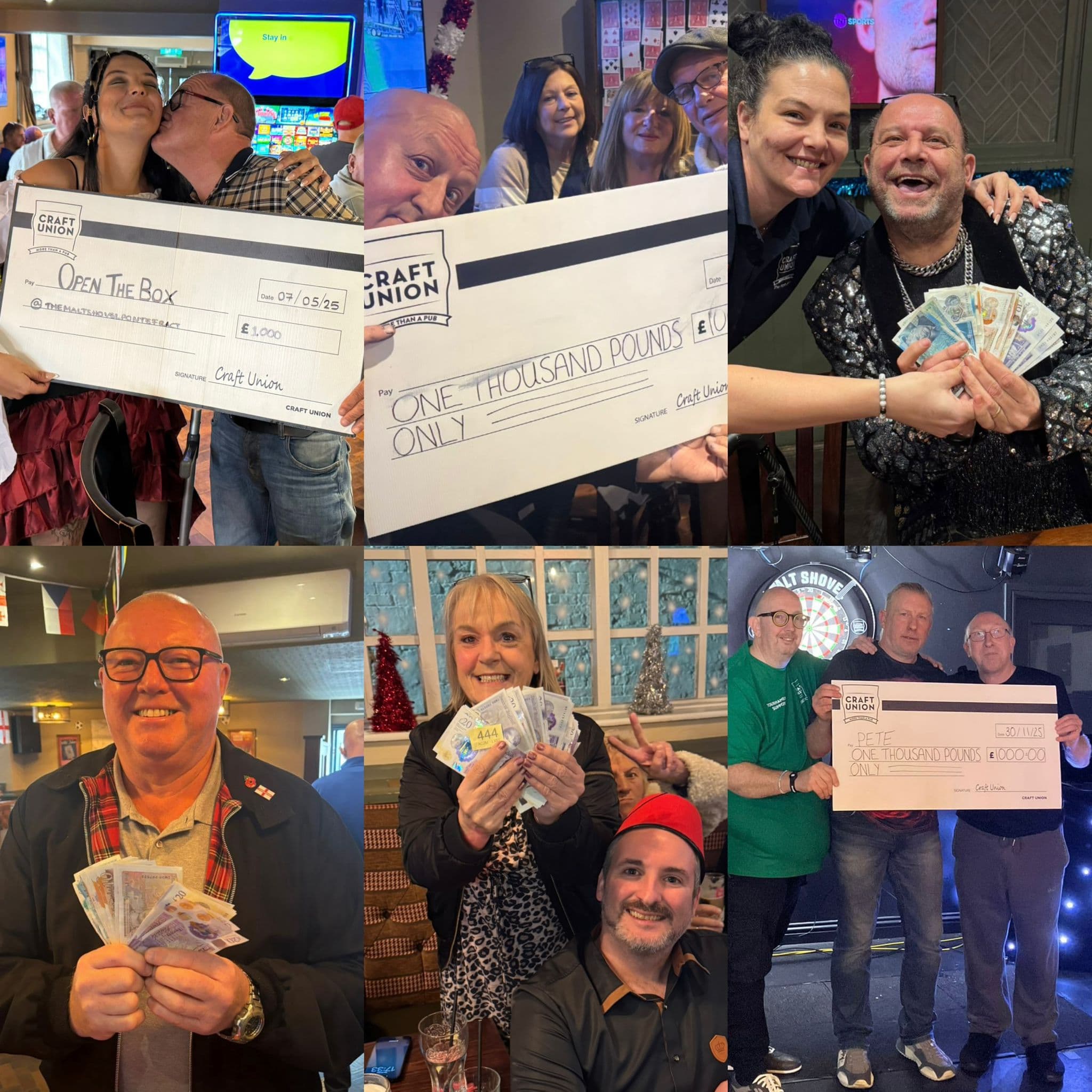 Collage of pub patrons celebrating fundraising efforts with checks and cash, showcasing community spirit in Pontefract.