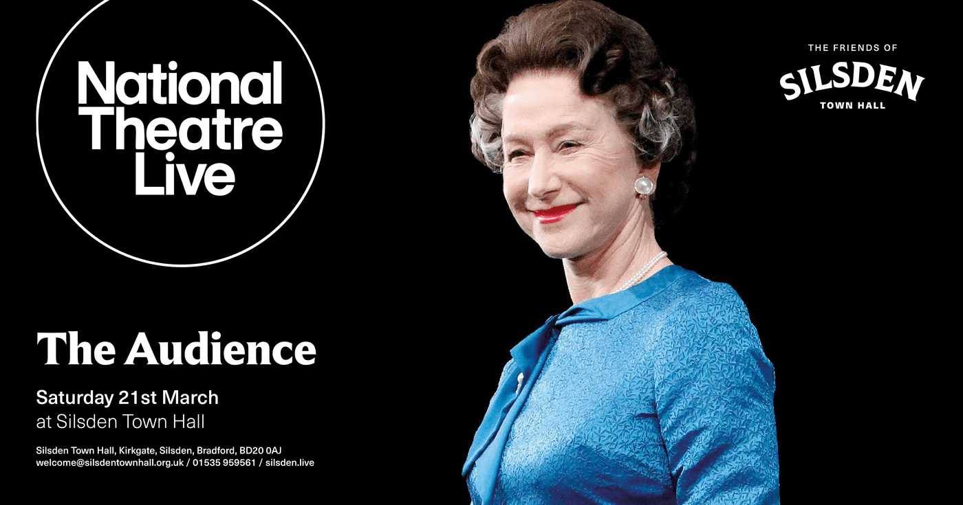 A woman in a blue dress smiles confidently, promoting "The Audience" event at Silsden Town Hall, Yorkshire.