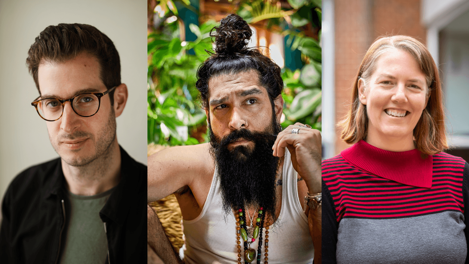 Three individuals with diverse styles: a bespectacled man, a bearded man in a tank top, and a smiling woman in a striped sweater.