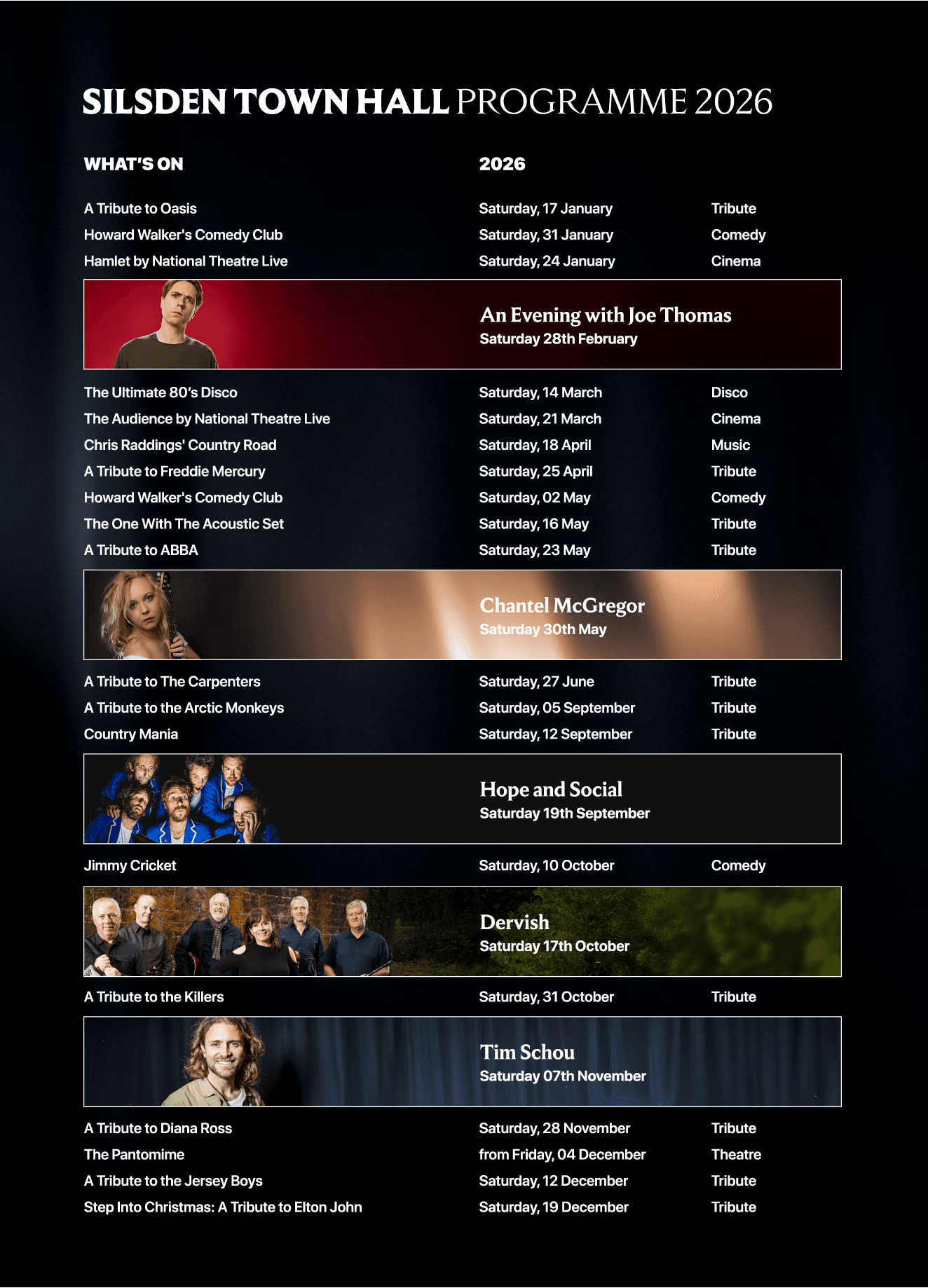 Silsden Town Hall's 2026 event program features diverse performances, including tributes and comedy, set against a classic backdrop.