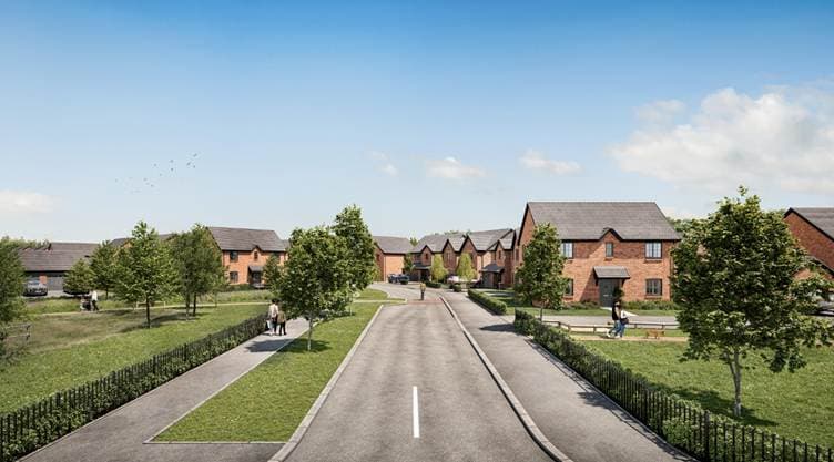 Newly proposed residential area in Skellow featuring modern brick houses, tree-lined streets, and green spaces.