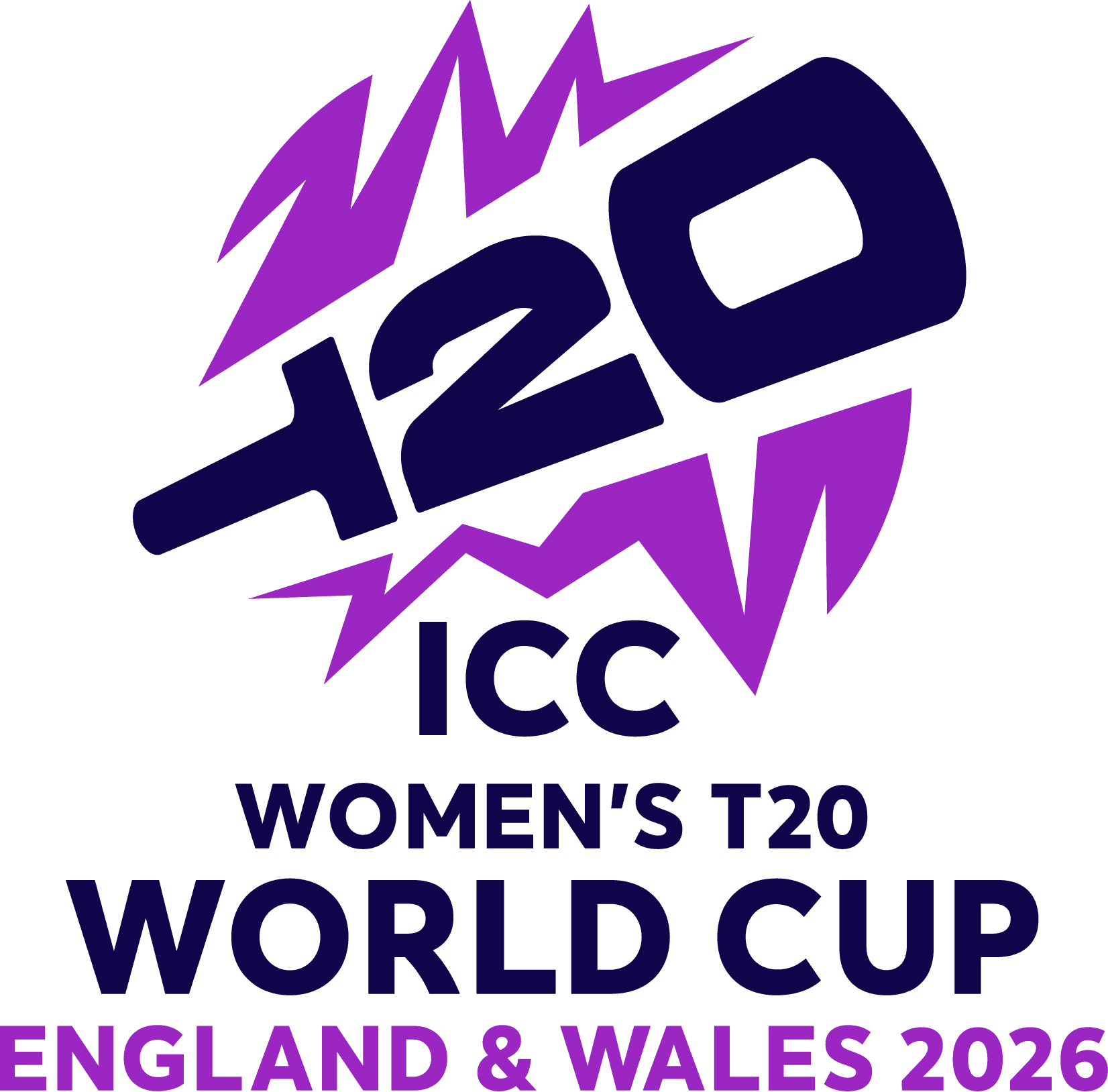 Vibrant purple and black logo for the 2026 ICC Women’s T20 World Cup, featuring a cricket bat and dynamic design elements.