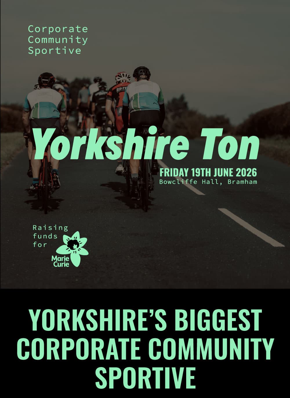 Cyclists riding along a scenic road near Bowcliffe Hall, surrounded by lush greenery and a clear blue sky.