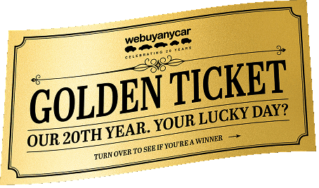 Golden ticket with text celebrating 20th anniversary