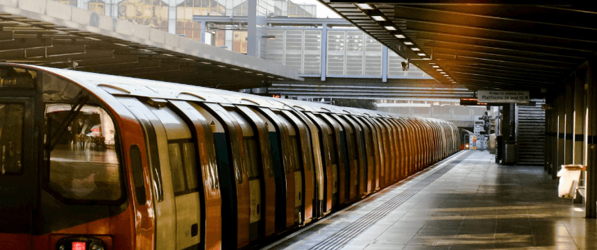 Modern train at platform in Leeds railway station