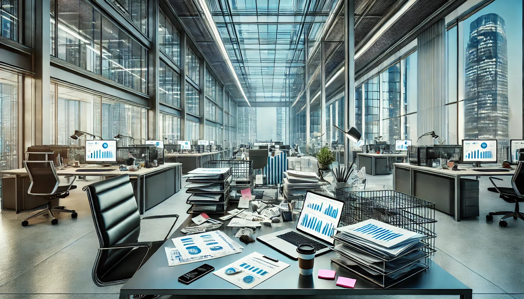 Modern glass-walled office interior with urban skyline view