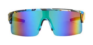 Colorful reflective sunglasses with a geometric frame