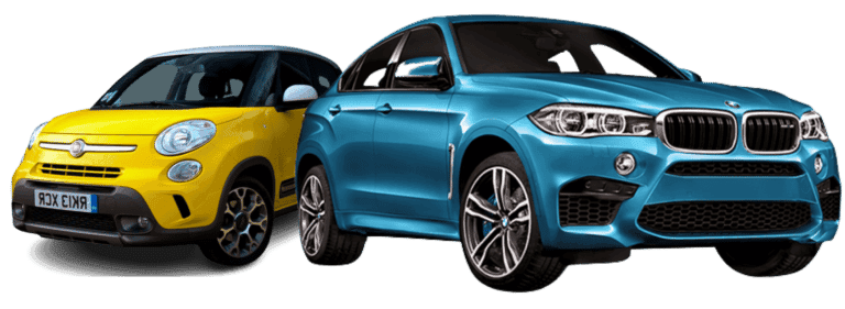 Yellow compact car and blue SUV parked side by side