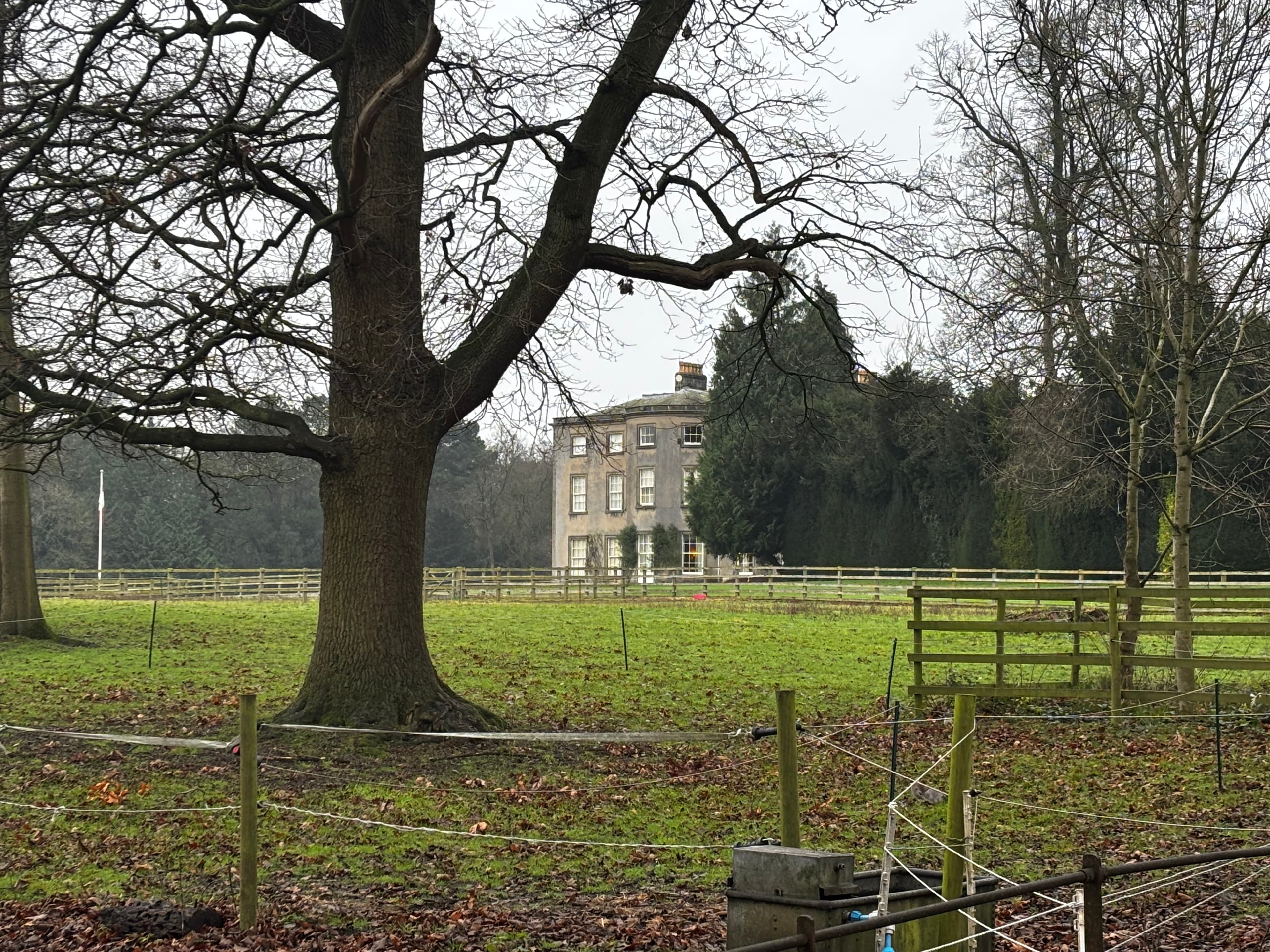 Georgian manor house surrounded by bare trees and grassy field