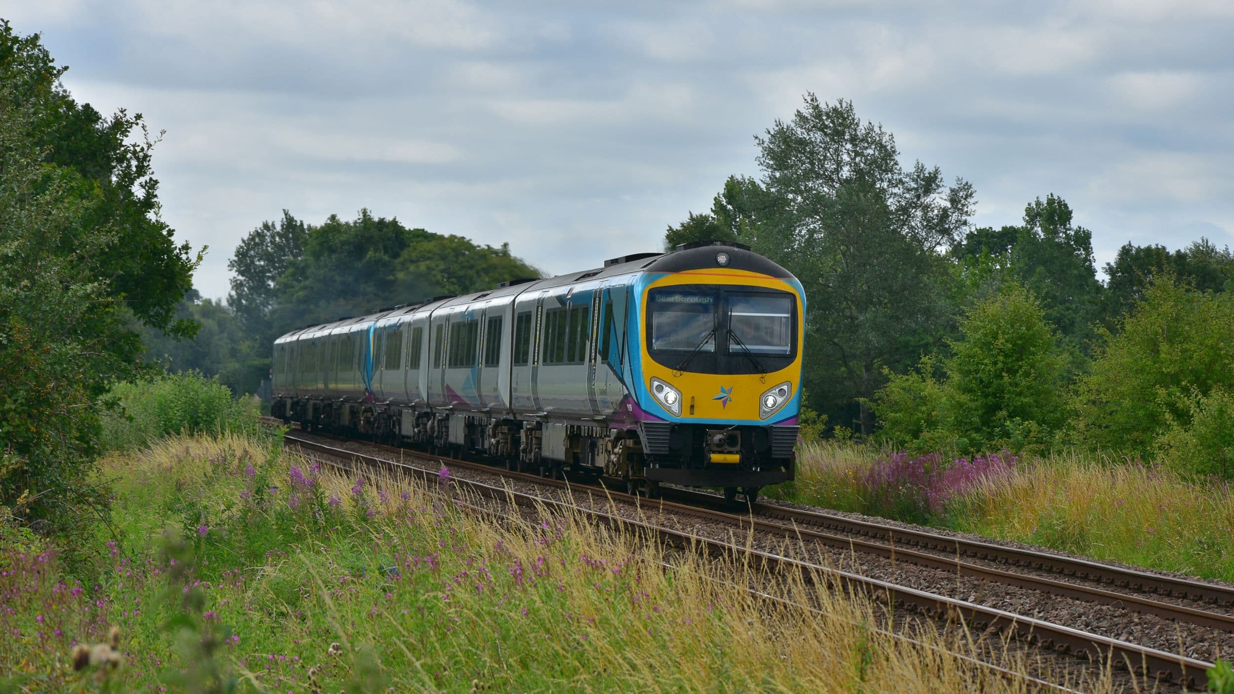 Modern train traveling through lush Yorkshire countryside