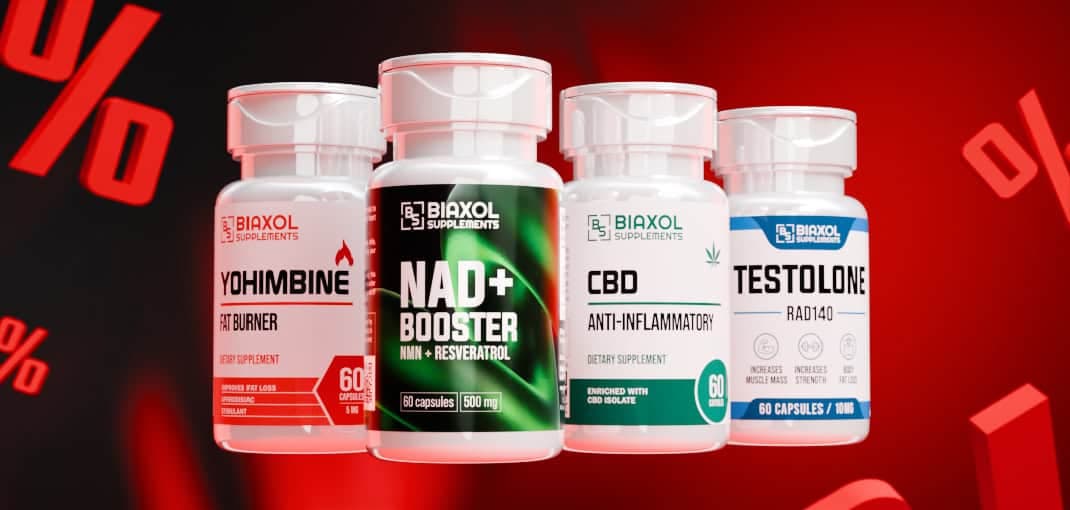 Four supplement bottles with bold labels on a red background