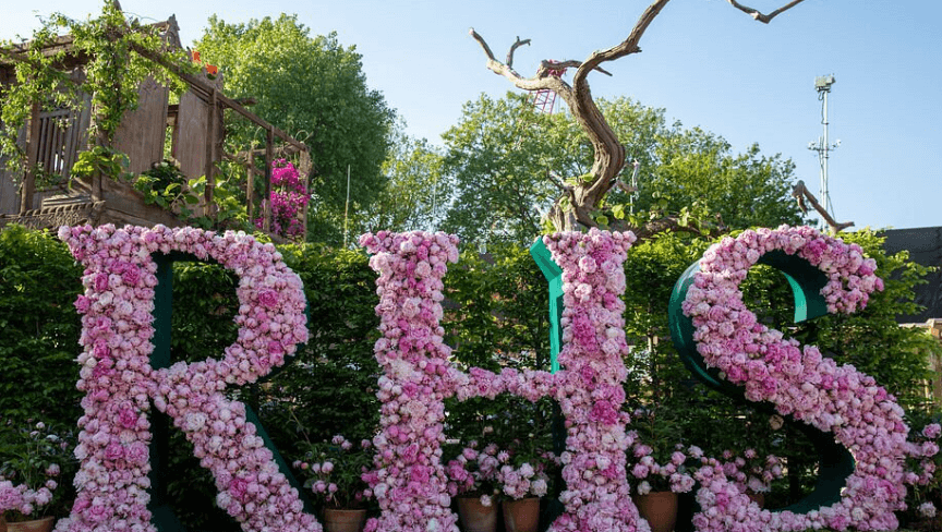 Large RHS letters covered in pink flowers against green foliage