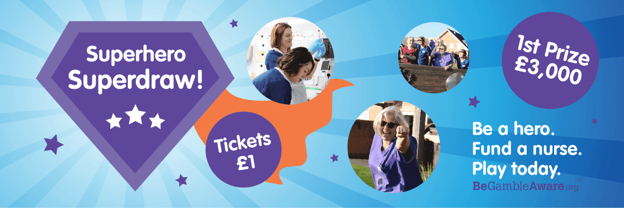 Superhero-themed raffle banner with prize details and nurses