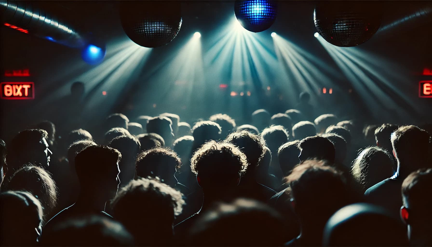 Crowd of people in a dimly lit nightclub with disco balls