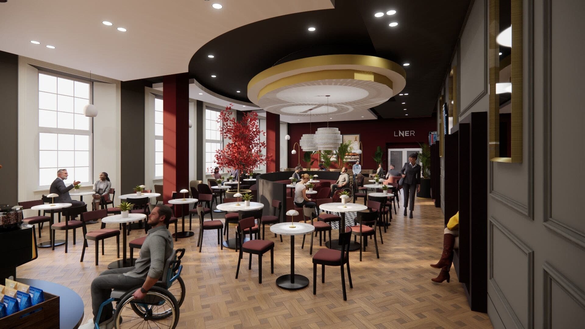 Modern cafe interior with people, red accents, and large windows