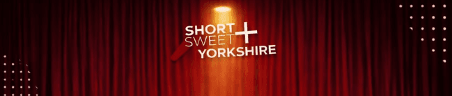 Red theater curtain with spotlight and text 'Short Sweet Yorkshire'