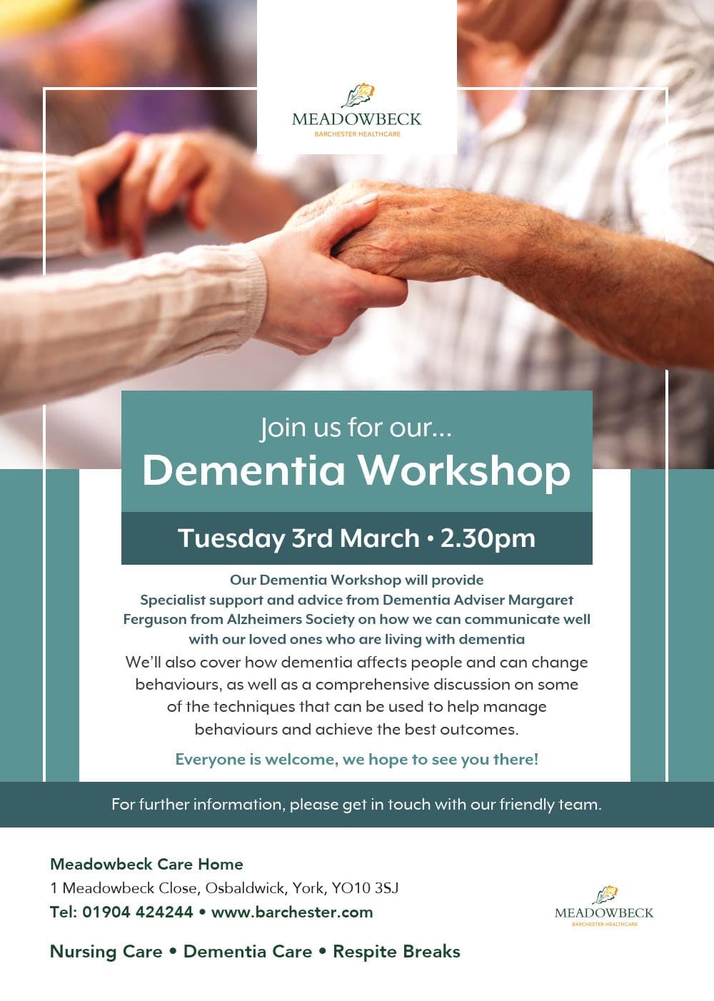 Flyer for a dementia workshop at Meadowbeck Care Home