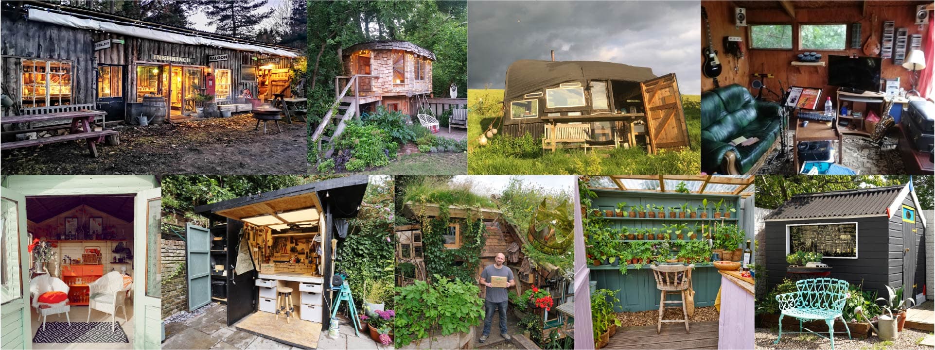 Eclectic garden shed with wooden walls and plants outside