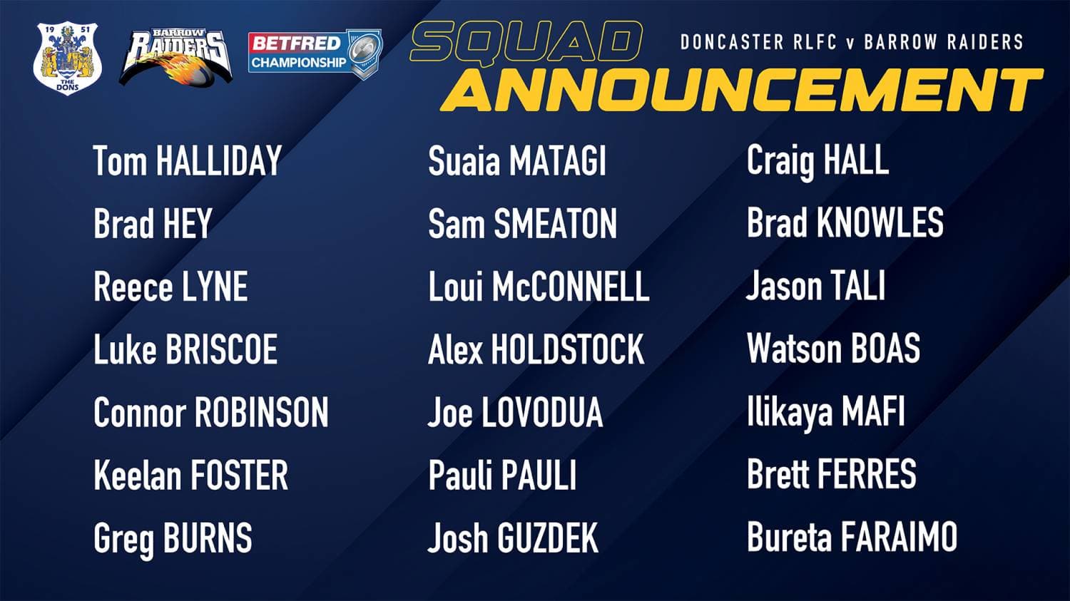 Doncaster RLFC Announces Squad for Upcoming Clash with Barrow Raiders