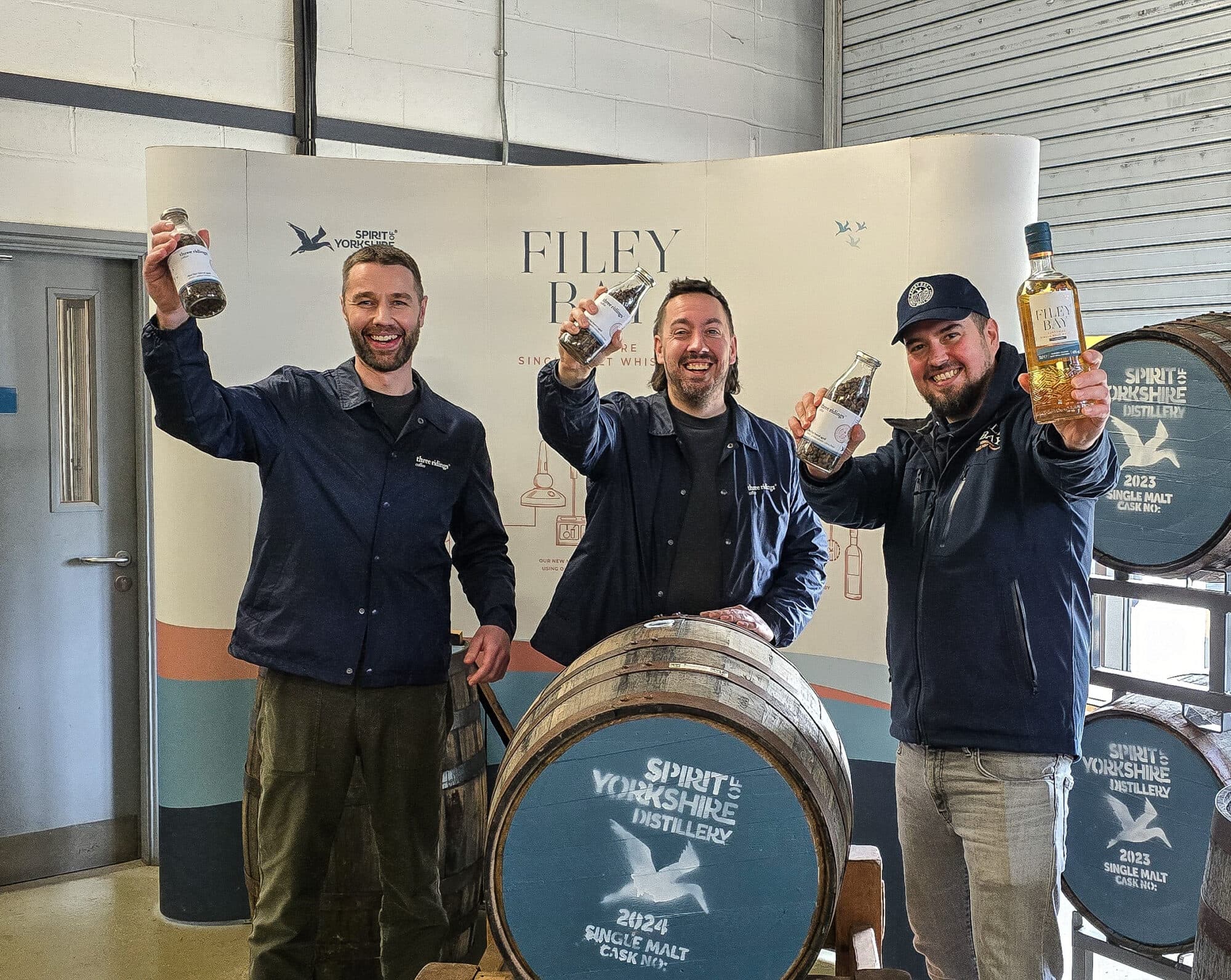 L to R Jordan Cavalli and Leo Jarvis of Three Ridings Coffee and Spirit of Yorkshire Whisky Director Joe Clark