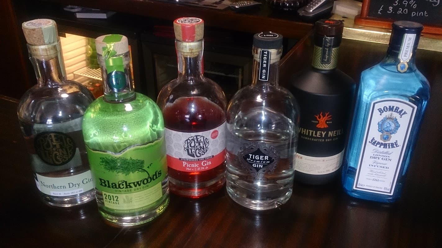 A selection of six gin bottles on a bar counter, featuring various brands and styles.