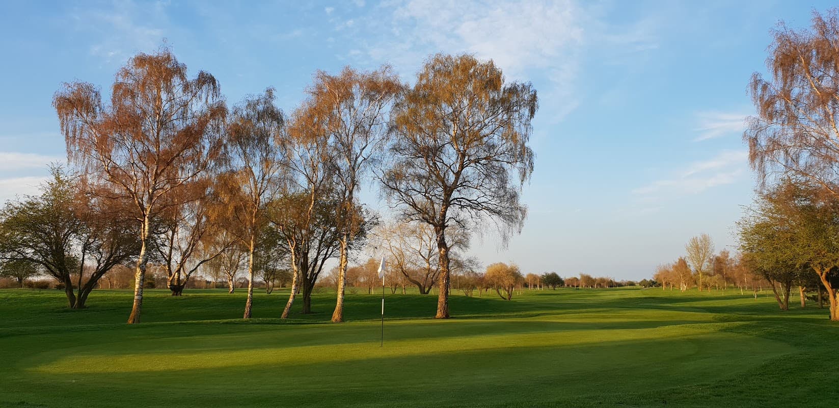 Lush green golf course at Bawtry Golf Club, lined with trees under a clear blue sky.