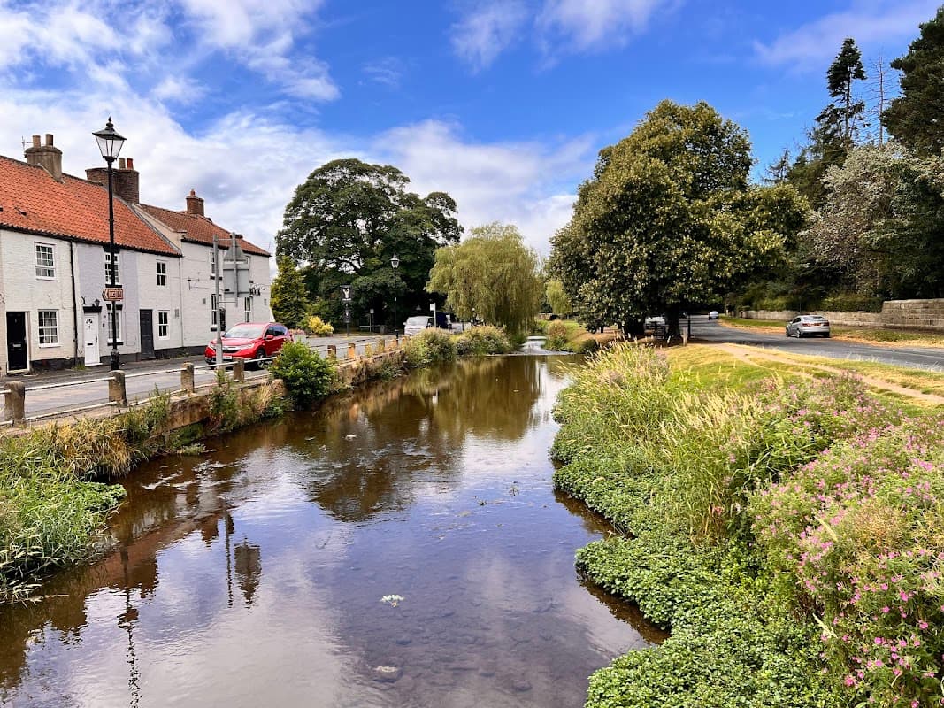 Lush greenery and a calm river reflect the blue sky, with charming buildings lining the banks in Great Ayton, Yorkshire.
