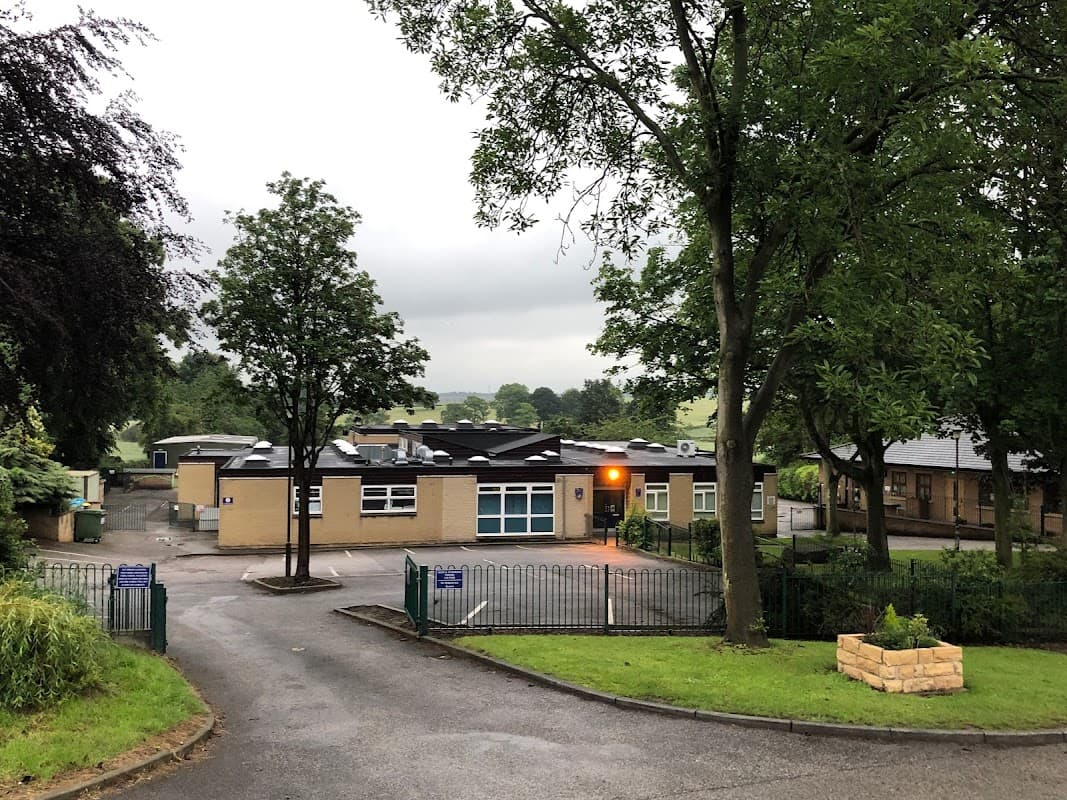 Badsworth C of E Junior & Infant School surrounded by trees, with a parking area and cloudy sky in the background.