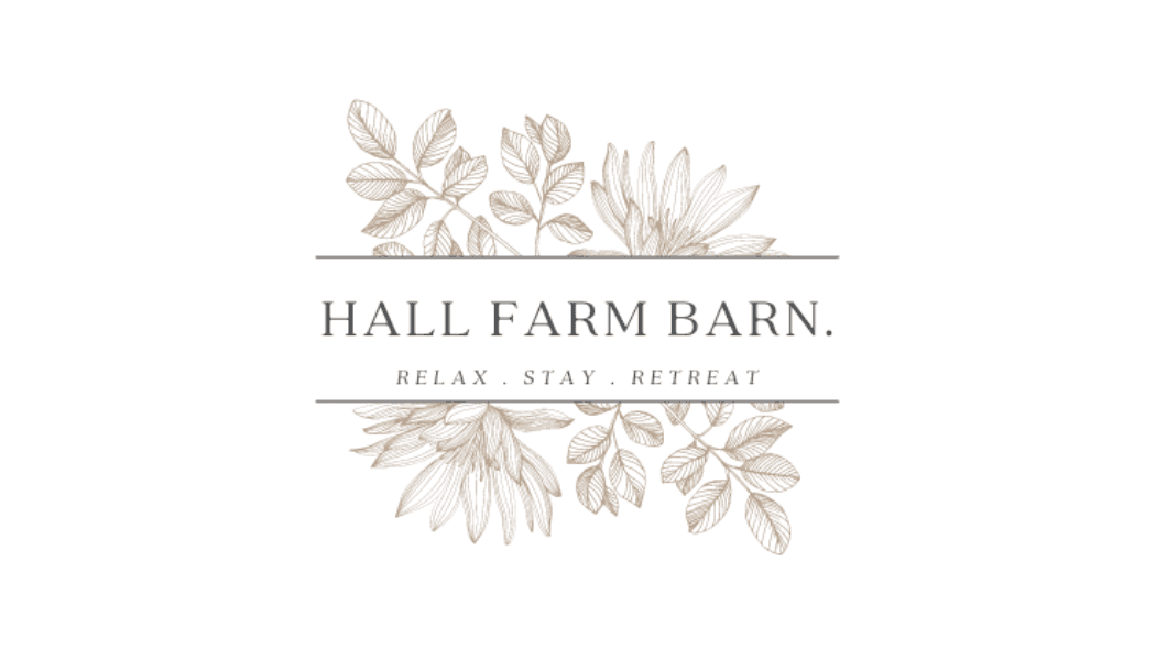 Hall Farm Barn logo featuring elegant leaves and the text "RELAX. STAY. RETREAT." in a minimalist design.