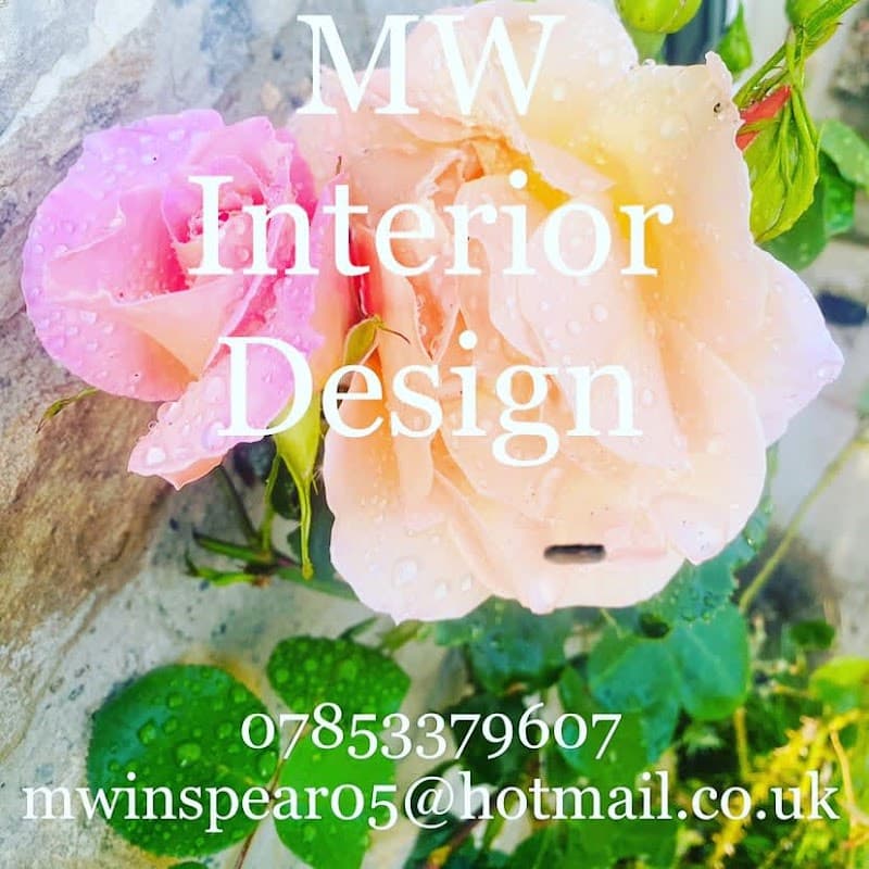 Colorful roses with water droplets, featuring text for MW Interior Design and contact details.