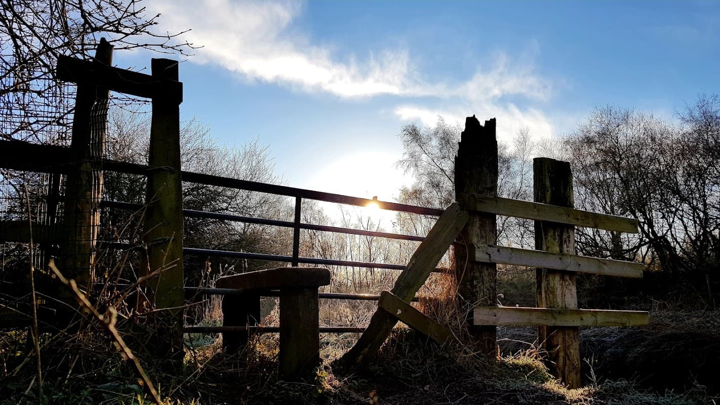 Wooden gateposts and a metal fence silhouetted against a bright sky with wispy clouds in Bolton-upon-Dearne.