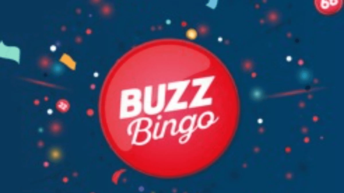 Bright red circular logo with "BUZZ Bingo" in white text, surrounded by colorful confetti on a dark blue background.