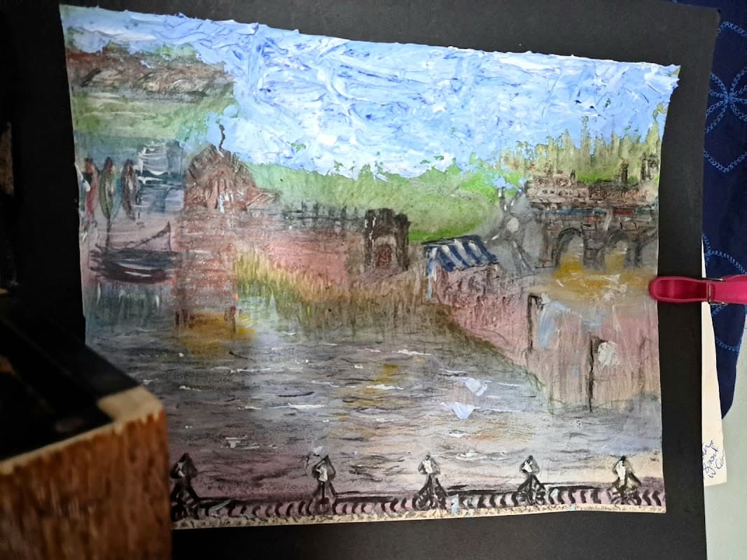 A colorful painting depicting a market scene with figures, buildings, and a blue sky.