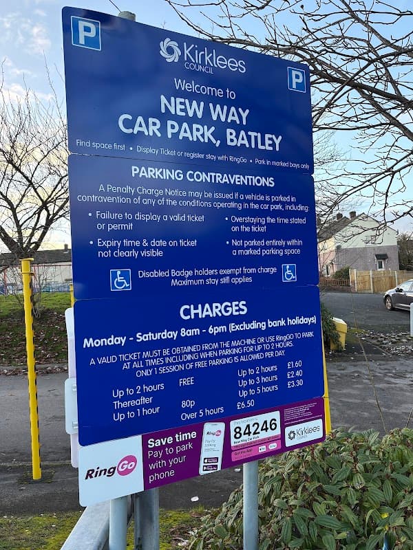 Sign for New Way Car Park in Batley, detailing parking rules, charges, and payment options via RingGo.