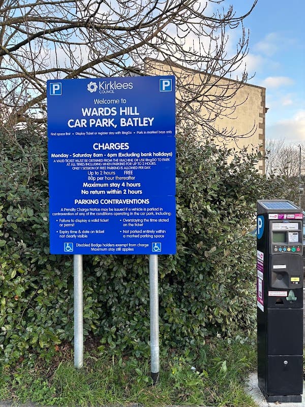 Wards Hill car park sign with parking charges, RingGo details, and payment machine in Batley, Yorkshire.